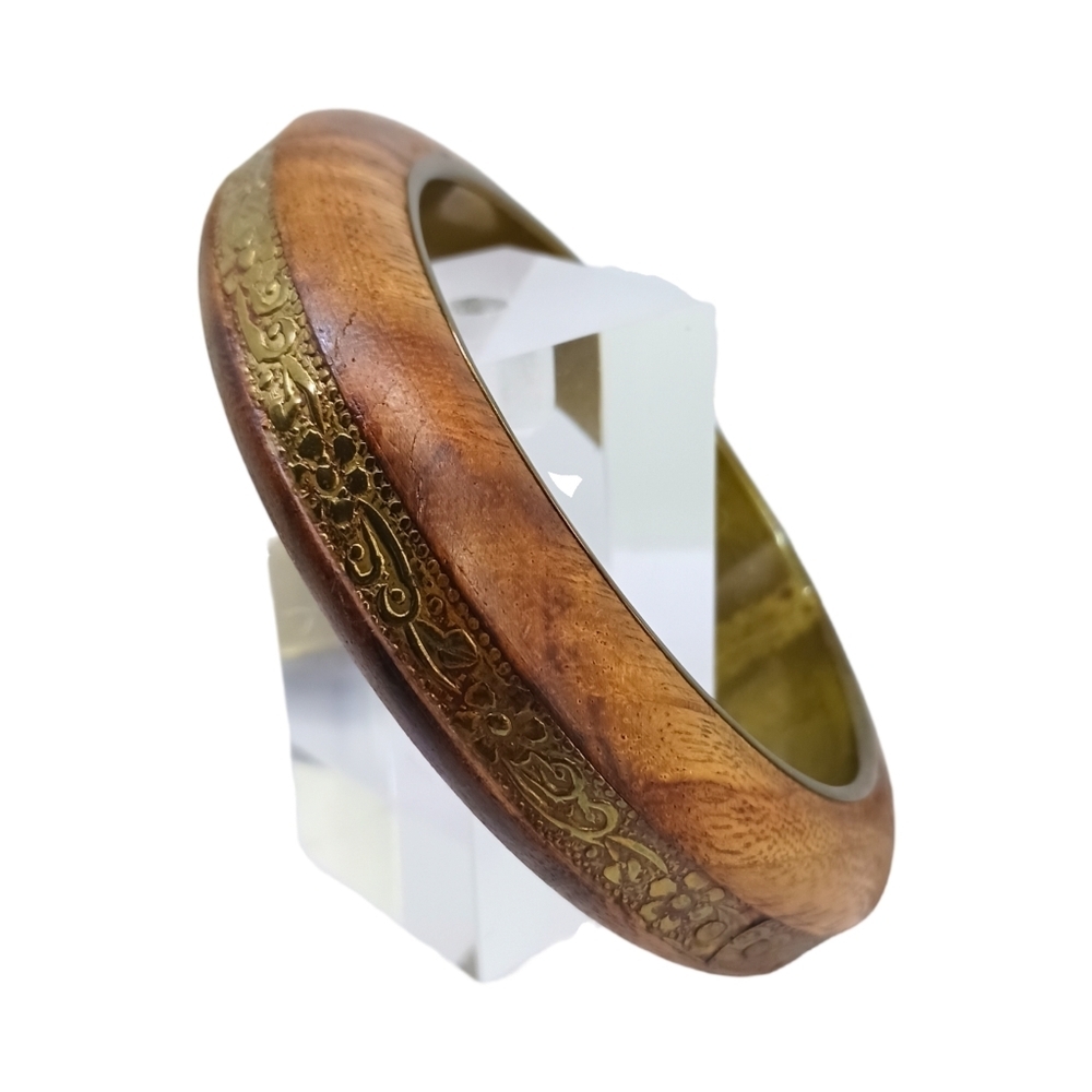 Vintage Wood Chunky Womens Bangle Bracelet Floral Embossed Brass Inlay Brown